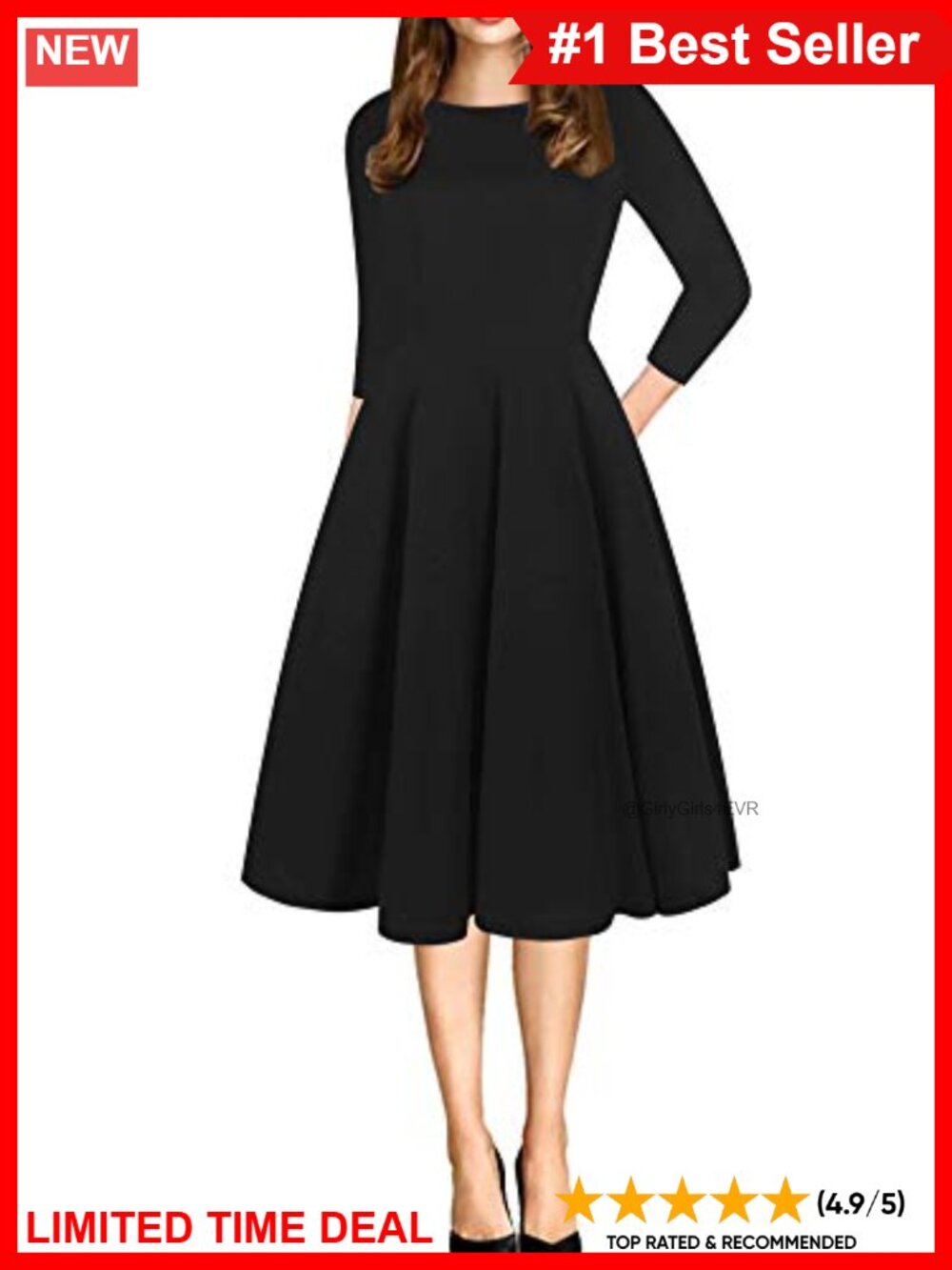 Vintage Patchwork Pockets Puffy Swing Casual Party Dress A-Line Knee Length